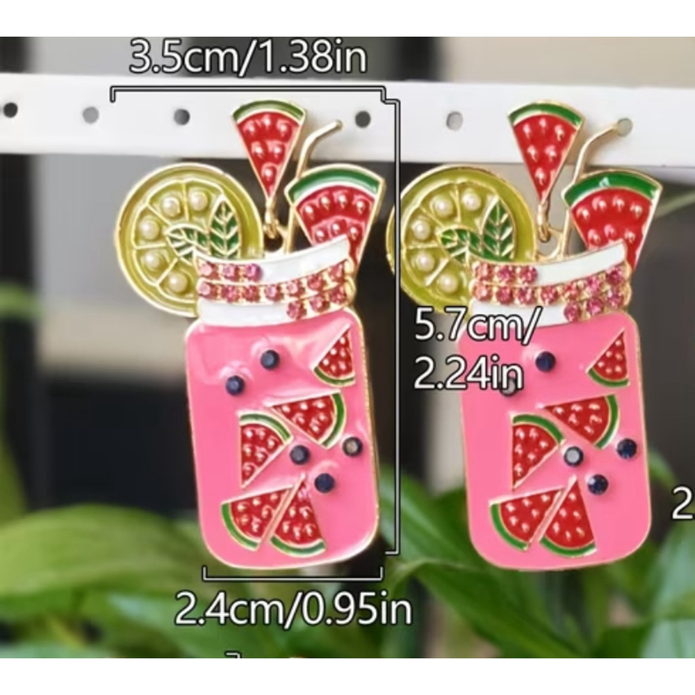 Pink Watermelon Lemonade Jar Dangle Earrings –Rhinestone Fruit Statement Earring - Picture 2 of 2